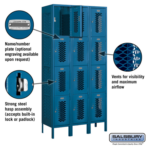 Salsbury 12" Wide Four Tier Vented Metal Locker - 3 Wide - 6 Feet High - 15 Inches Deep - Blue - Assembled - Sweatfully