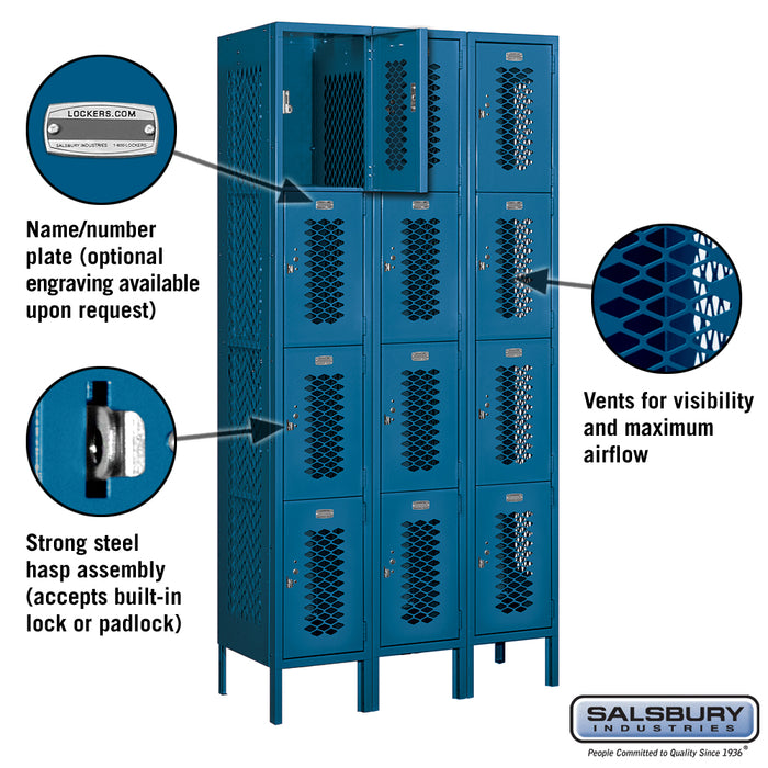 Salsbury 12" Wide Four Tier Vented Metal Locker - 3 Wide - 6 Feet High - 15 Inches Deep - Blue - Unassembled - Sweatfully