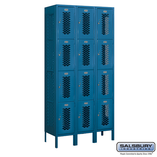 Salsbury 12" Wide Four Tier Vented Metal Locker - 3 Wide - 6 Feet High - 15 Inches Deep - Blue - Unassembled - Sweatfully