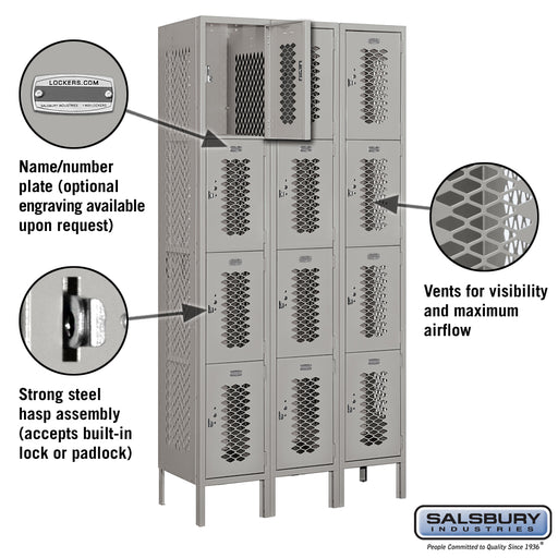 Salsbury 12" Wide Four Tier Vented Metal Locker - 3 Wide - 6 Feet High - 15 Inches Deep - Gray - Assembled - Sweatfully
