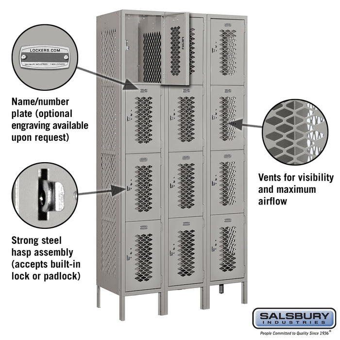 Salsbury 12" Wide Four Tier Vented Metal Locker - 3 Wide - 6 Feet High - 15 Inches Deep - Gray - Unassembled - Sweatfully