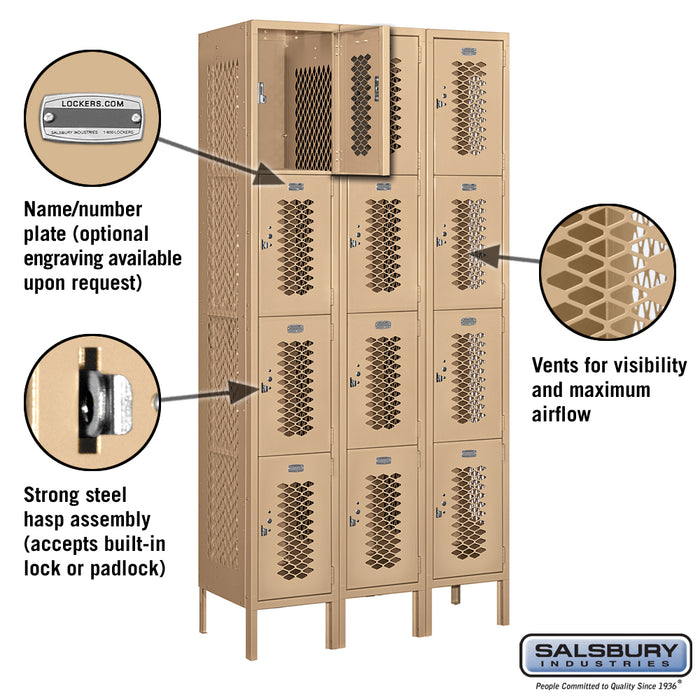 Salsbury 12" Wide Four Tier Vented Metal Locker - 3 Wide - 6 Feet High - 15 Inches Deep - Tan - Assembled - Sweatfully
