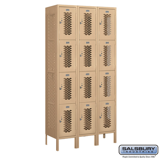 Salsbury 12" Wide Four Tier Vented Metal Locker - 3 Wide - 6 Feet High - 15 Inches Deep - Tan - Assembled - Sweatfully