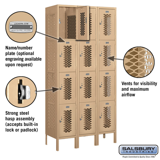 Salsbury 12" Wide Four Tier Vented Metal Locker - 3 Wide - 6 Feet High - 15 Inches Deep - Tan - Unassembled - Sweatfully