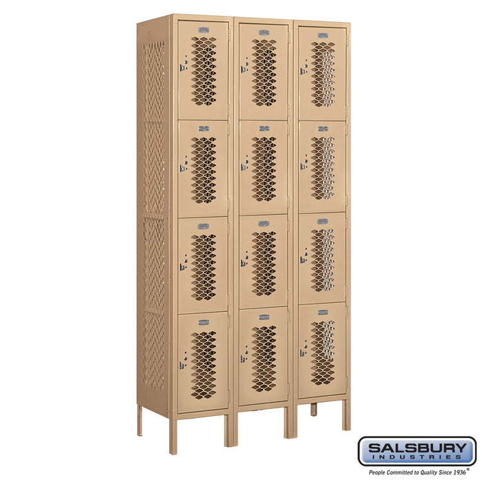 Salsbury 12" Wide Four Tier Vented Metal Locker - 3 Wide - 6 Feet High - 15 Inches Deep - Tan - Unassembled - Sweatfully