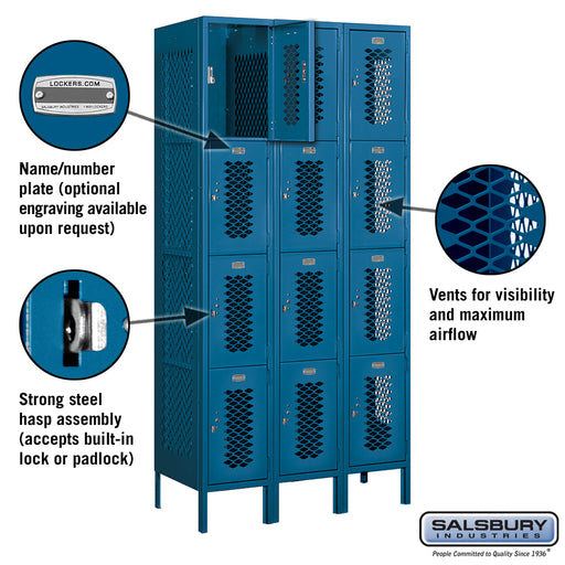 Salsbury 12" Wide Four Tier Vented Metal Locker - 3 Wide - 6 Feet High - 18 Inches Deep - Blue - Assembled - Sweatfully