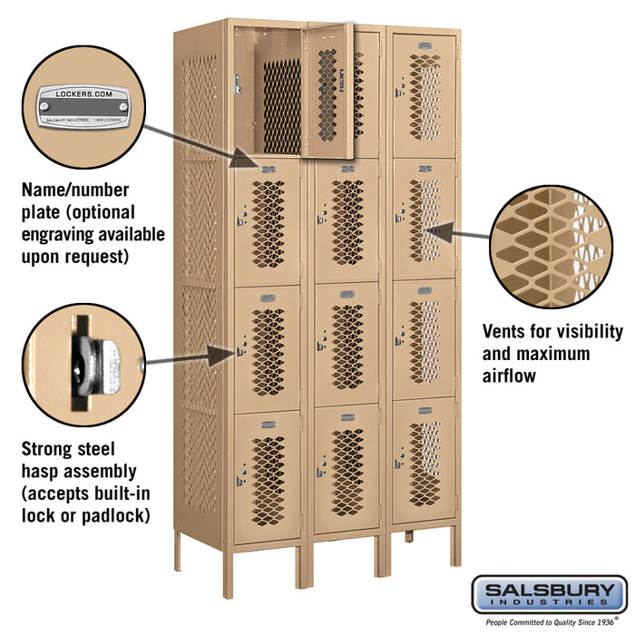 Salsbury 12" Wide Four Tier Vented Metal Locker - 3 Wide - 6 Feet High - 18 Inches Deep - Tan - Assembled - Sweatfully