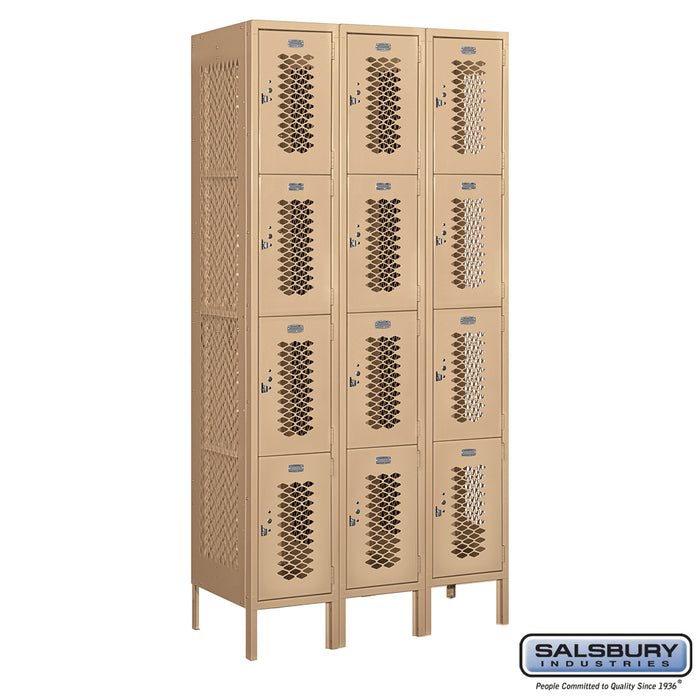 Salsbury 12" Wide Four Tier Vented Metal Locker - 3 Wide - 6 Feet High - 18 Inches Deep - Tan - Assembled - Sweatfully