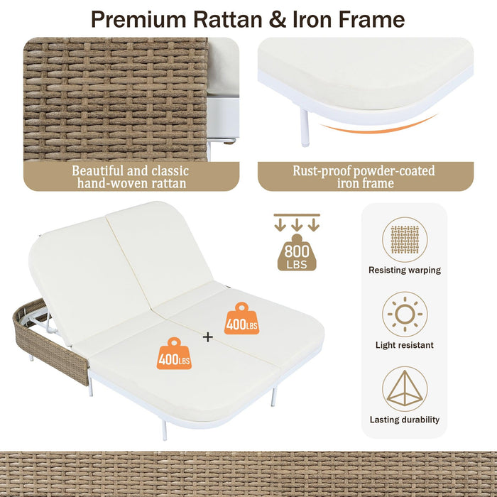 Outdoor Daybed, Patio Rattan Daybed with 5-Position Adjustable Backrest and Removable Cushions & Pillows for Garden, Backyard, Poolside - Sweatfully