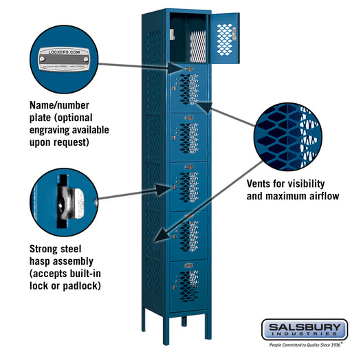 Salsbury 12" Wide Six Tier Box Style Vented Metal Locker - 1 Wide - 6 Feet High - 12 Inches Deep - Blue - Assembled - Sweatfully