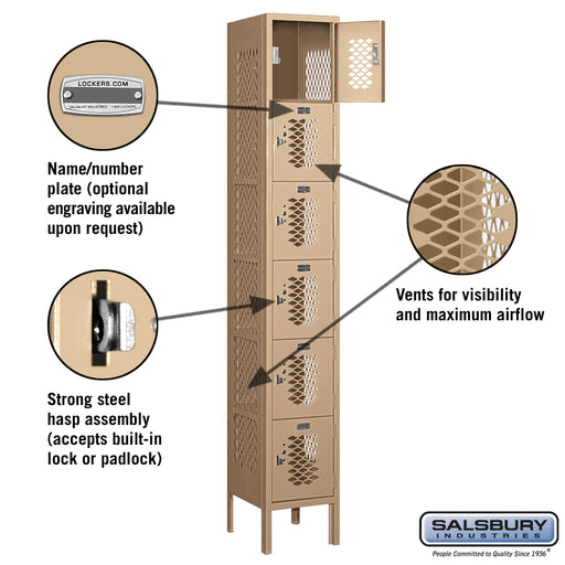 Salsbury 12" Wide Six Tier Box Style Vented Metal Locker - 1 Wide - 6 Feet High - 12 Inches Deep - Tan - Assembled - Sweatfully