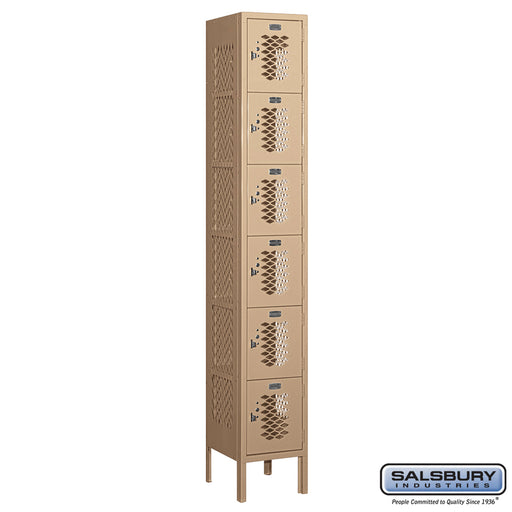 Salsbury 12" Wide Six Tier Box Style Vented Metal Locker - 1 Wide - 6 Feet High - 12 Inches Deep - Tan - Unassembled - Sweatfully