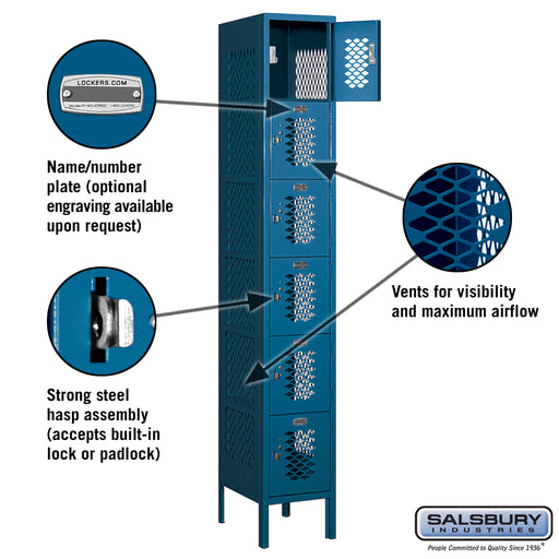 Salsbury 12" Wide Six Tier Box Style Vented Metal Locker - 1 Wide - 6 Feet High - 15 Inches Deep - Blue - Assembled - Sweatfully