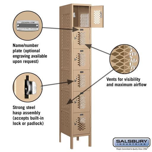 Salsbury 12" Wide Six Tier Box Style Vented Metal Locker - 1 Wide - 6 Feet High - 15 Inches Deep - Tan - Assembled - Sweatfully