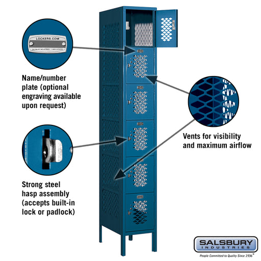 Salsbury 12" Wide Six Tier Box Style Vented Metal Locker - 1 Wide - 6 Feet High - 18 Inches Deep - Blue - Assembled - Sweatfully