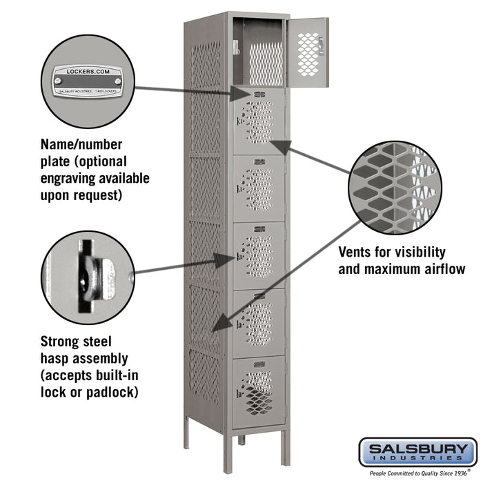 Salsbury 12" Wide Six Tier Box Style Vented Metal Locker - 1 Wide - 6 Feet High - 18 Inches Deep - Gray - Assembled - Sweatfully