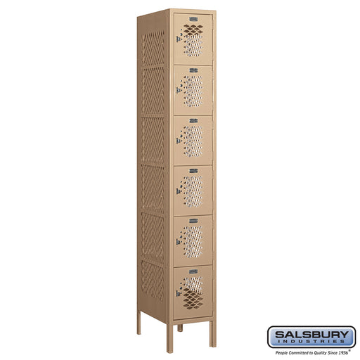 Salsbury 12" Wide Six Tier Box Style Vented Metal Locker - 1 Wide - 6 Feet High - 18 Inches Deep - Tan - Assembled - Sweatfully