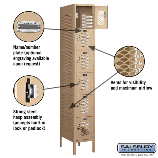 Salsbury 12" Wide Six Tier Box Style Vented Metal Locker - 1 Wide - 6 Feet High - 18 Inches Deep - Tan - Unassembled - Sweatfully