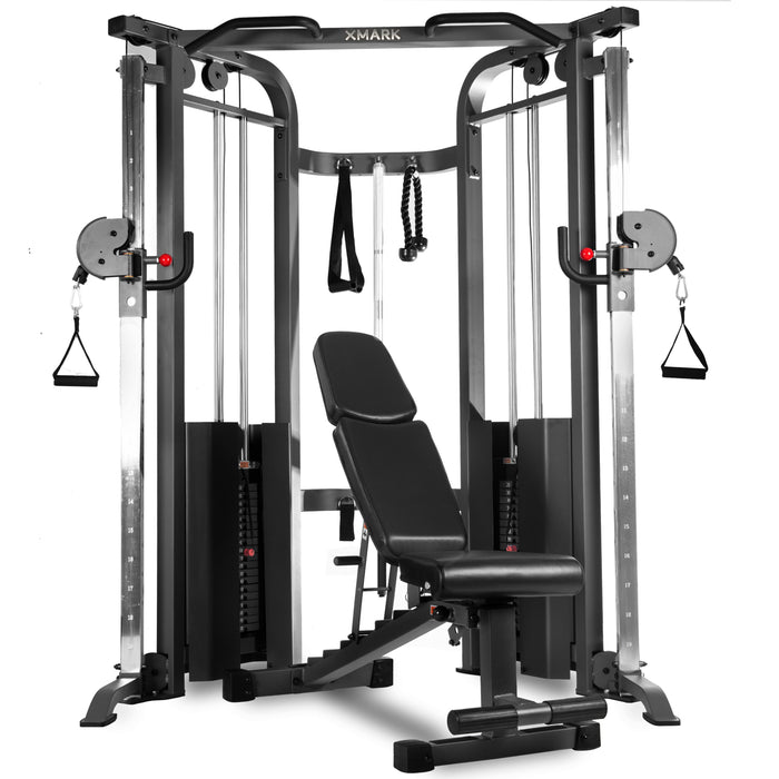 XMARK Functional Trainer Cable Machine with 200 lb Weight Stacks and Adjustable Weight Bench XM-7626.1-BLACK-9010 - Sweatfully