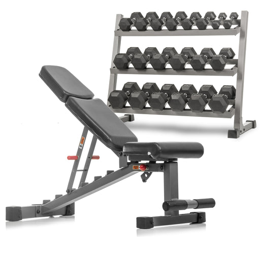 XMARK 5-50 lb Hex Dumbbell Set with Rack and Weight Bench XM-4439-550S-7630 - Sweatfully