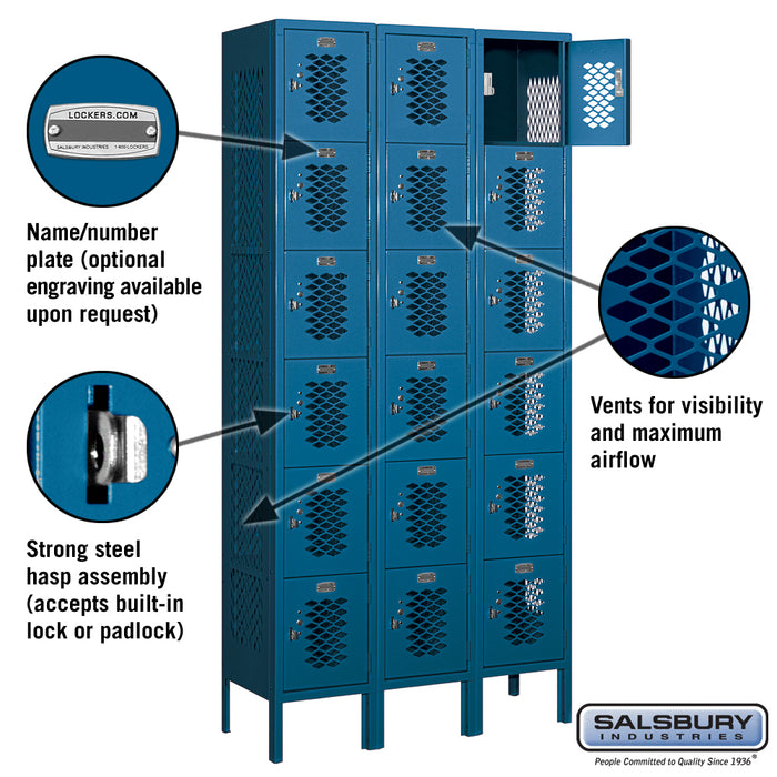 Salsbury 12" Wide Six Tier Box Style Vented Metal Locker - 3 Wide - 6 Feet High - 12 Inches Deep - Blue - Unassembled - Sweatfully