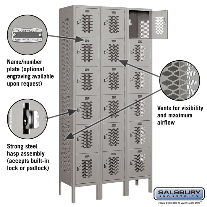 Salsbury 12" Wide Six Tier Box Style Vented Metal Locker - 3 Wide - 6 Feet High - 12 Inches Deep - Gray - Assembled - Sweatfully