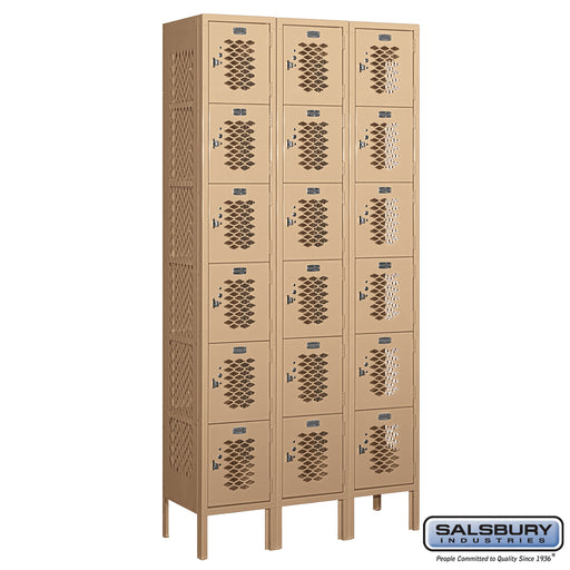 Salsbury 12" Wide Six Tier Box Style Vented Metal Locker - 3 Wide - 6 Feet High - 12 Inches Deep - Tan - Assembled - Sweatfully