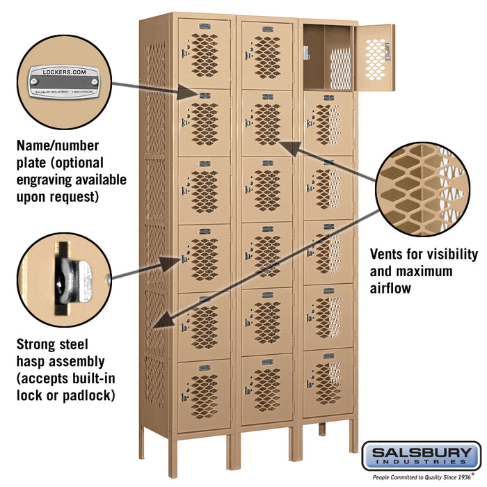 Salsbury 12" Wide Six Tier Box Style Vented Metal Locker - 3 Wide - 6 Feet High - 12 Inches Deep - Tan - Unassembled - Sweatfully