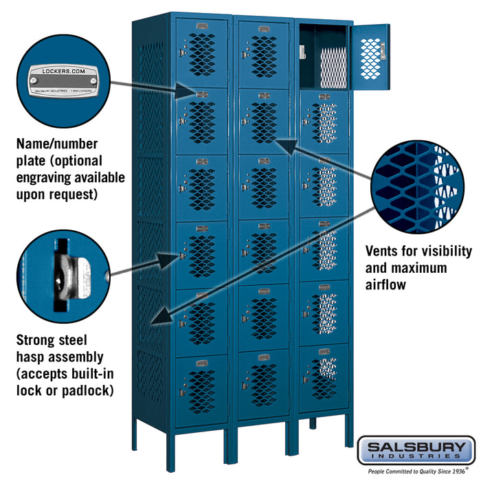Salsbury 12" Wide Six Tier Box Style Vented Metal Locker - 3 Wide - 6 Feet High - 15 Inches Deep - Blue - Assembled - Sweatfully
