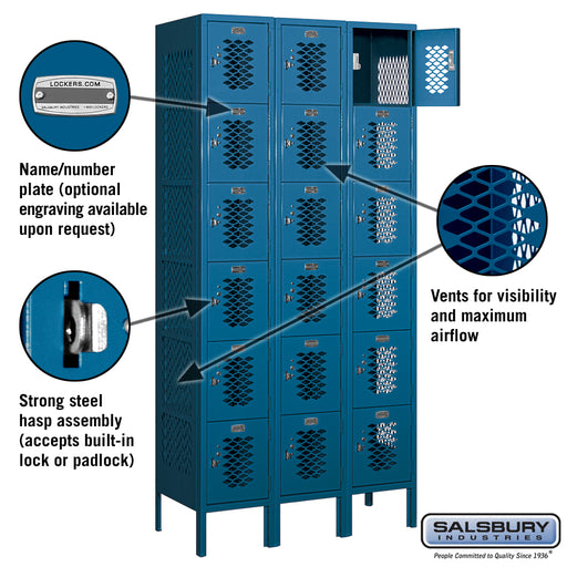 Salsbury 12" Wide Six Tier Box Style Vented Metal Locker - 3 Wide - 6 Feet High - 15 Inches Deep - Blue - Unassembled - Sweatfully