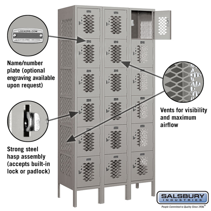 Salsbury 12" Wide Six Tier Box Style Vented Metal Locker - 3 Wide - 6 Feet High - 15 Inches Deep - Gray - Unassembled - Sweatfully