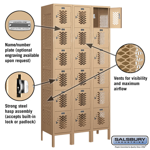 Salsbury 12" Wide Six Tier Box Style Vented Metal Locker - 3 Wide - 6 Feet High - 15 Inches Deep - Tan - Assembled - Sweatfully