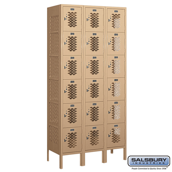 Salsbury 12" Wide Six Tier Box Style Vented Metal Locker - 3 Wide - 6 Feet High - 15 Inches Deep - Tan - Unassembled - Sweatfully