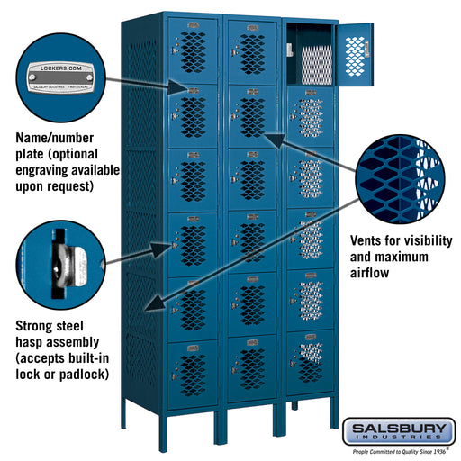Salsbury 12" Wide Six Tier Box Style Vented Metal Locker - 3 Wide - 6 Feet High - 18 Inches Deep - Blue - Unassembled - Sweatfully