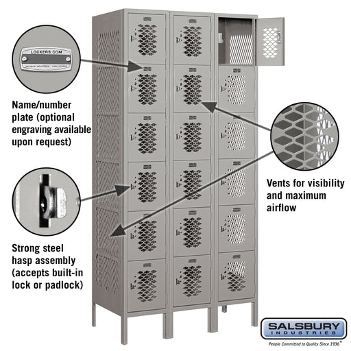 Salsbury 12" Wide Six Tier Box Style Vented Metal Locker - 3 Wide - 6 Feet High - 18 Inches Deep - Gray - Assembled - Sweatfully
