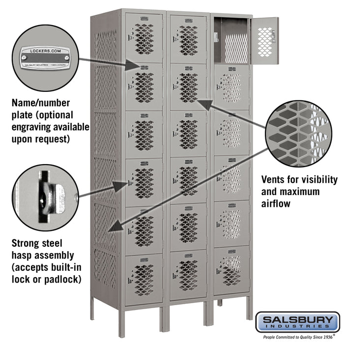 Salsbury 12" Wide Six Tier Box Style Vented Metal Locker - 3 Wide - 6 Feet High - 18 Inches Deep - Gray - Unassembled - Sweatfully