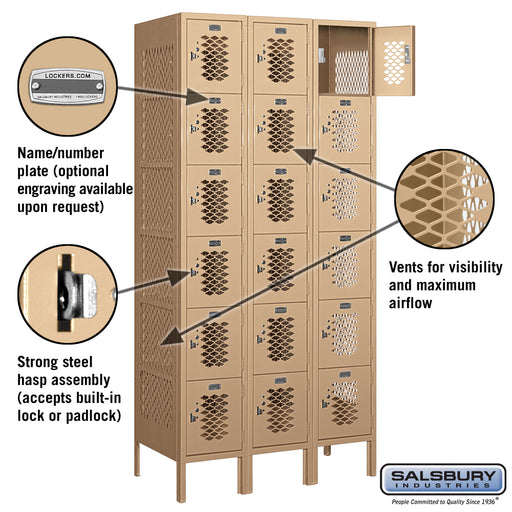 Salsbury 12" Wide Six Tier Box Style Vented Metal Locker - 3 Wide - 6 Feet High - 18 Inches Deep - Tan - Assembled - Sweatfully
