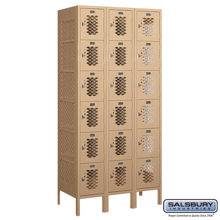 Salsbury 12" Wide Six Tier Box Style Vented Metal Locker - 3 Wide - 6 Feet High - 18 Inches Deep - Tan - Unassembled - Sweatfully