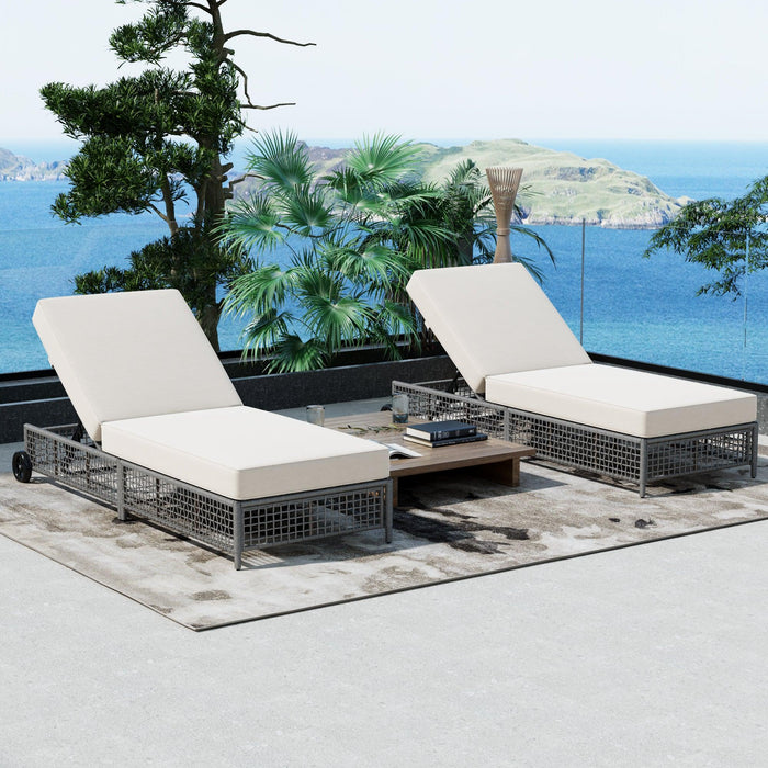 Outdoor Lounge Chair, Patio Chaise Lounge with 5-Position Backrest, Rattan Outdoor Lounge Chair with Cushion and Wheels for Poolside, Backyard, Garden - Sweatfully