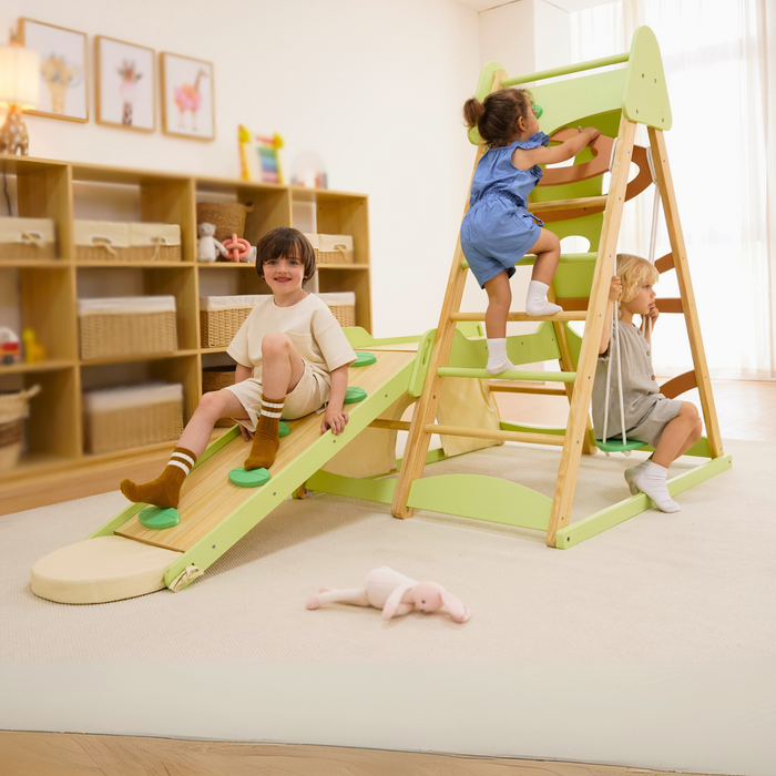 Avenlur Bush 6-in-1 Indoor Wooden Jungle Gym Climber – Montessori Toddler Playset with Slide, Rock Wall, Ladder & More - Sweatfully