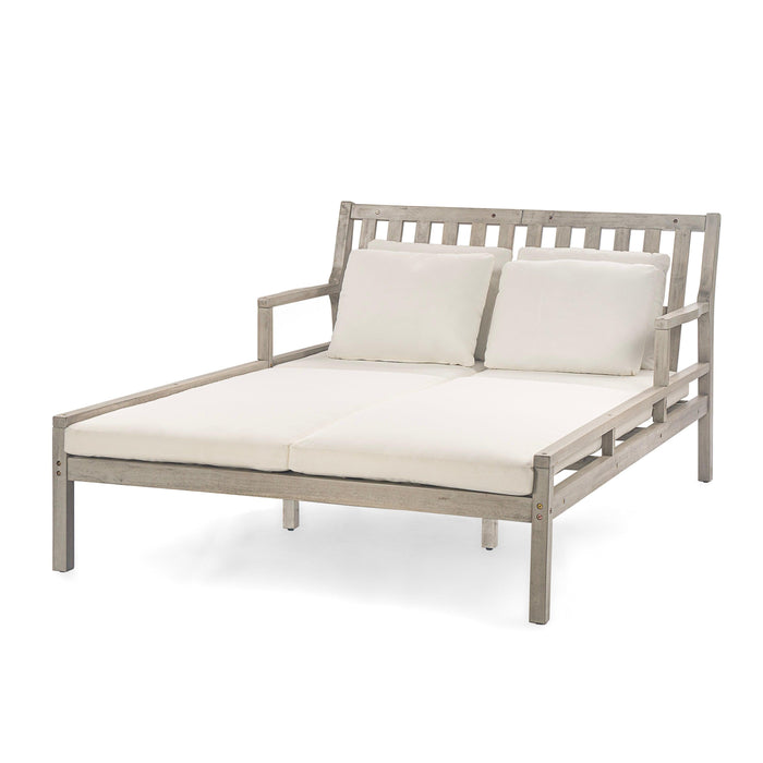 Outdoor Daybed, Patio Daybed with Four Pillows, Wooden Outdoor Bed with Curved Armrests for Poolside, Backyard, Garden - Sweatfully