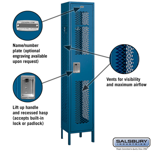 Salsbury 15" Wide Single Tier Vented Metal Locker - 1 Wide - 6 Feet High - 15 Inches Deep - Blue - Assembled - Sweatfully