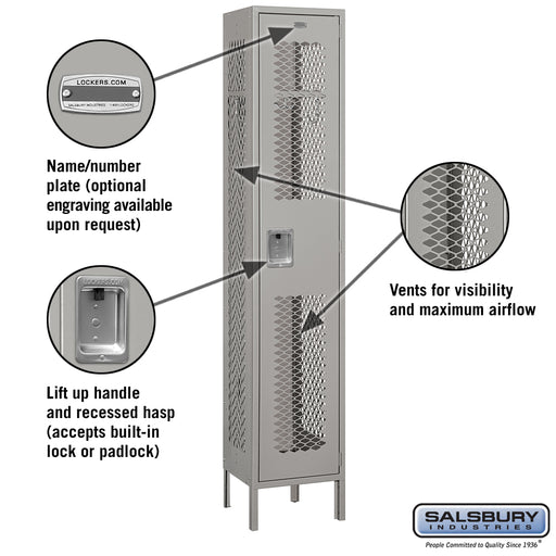 Salsbury 15" Wide Single Tier Vented Metal Locker - 1 Wide - 6 Feet High - 15 Inches Deep - Gray - Assembled - Sweatfully