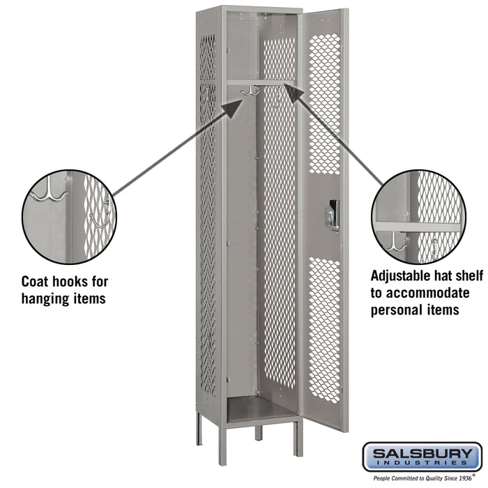 Salsbury 15" Wide Single Tier Vented Metal Locker - 1 Wide - 6 Feet High - 15 Inches Deep - Gray - Assembled - Sweatfully