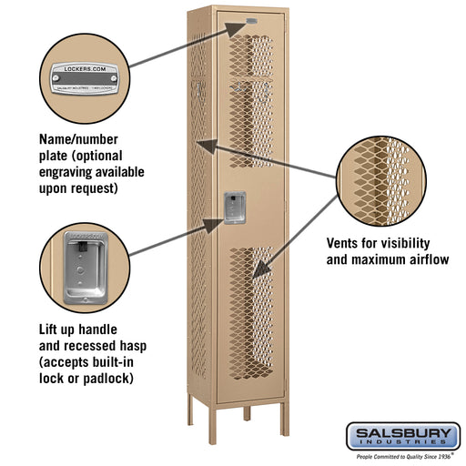 Salsbury 15" Wide Single Tier Vented Metal Locker - 1 Wide - 6 Feet High - 15 Inches Deep - Tan - Assembled - Sweatfully