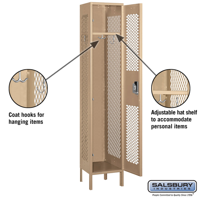 Salsbury 15" Wide Single Tier Vented Metal Locker - 1 Wide - 6 Feet High - 15 Inches Deep - Tan - Assembled - Sweatfully