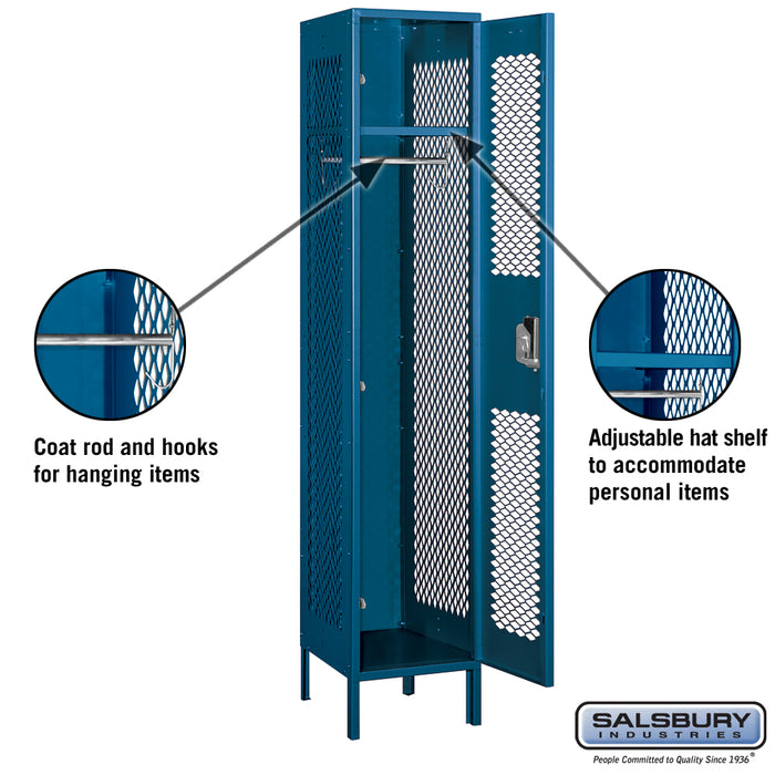 Salsbury 15" Wide Single Tier Vented Metal Locker - 1 Wide - 6 Feet High - 18 Inches Deep - Blue - Assembled - Sweatfully