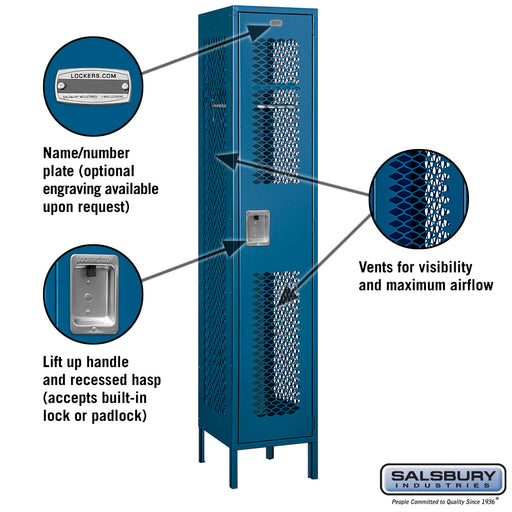 Salsbury 15" Wide Single Tier Vented Metal Locker - 1 Wide - 6 Feet High - 18 Inches Deep - Blue - Unassembled - Sweatfully