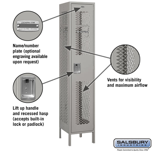 Salsbury 15" Wide Single Tier Vented Metal Locker - 1 Wide - 6 Feet High - 18 Inches Deep - Gray - Assembled - Sweatfully