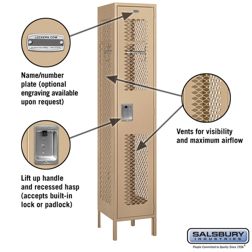 Salsbury 15" Wide Single Tier Vented Metal Locker - 1 Wide - 6 Feet High - 18 Inches Deep - Tan - Assembled - Sweatfully